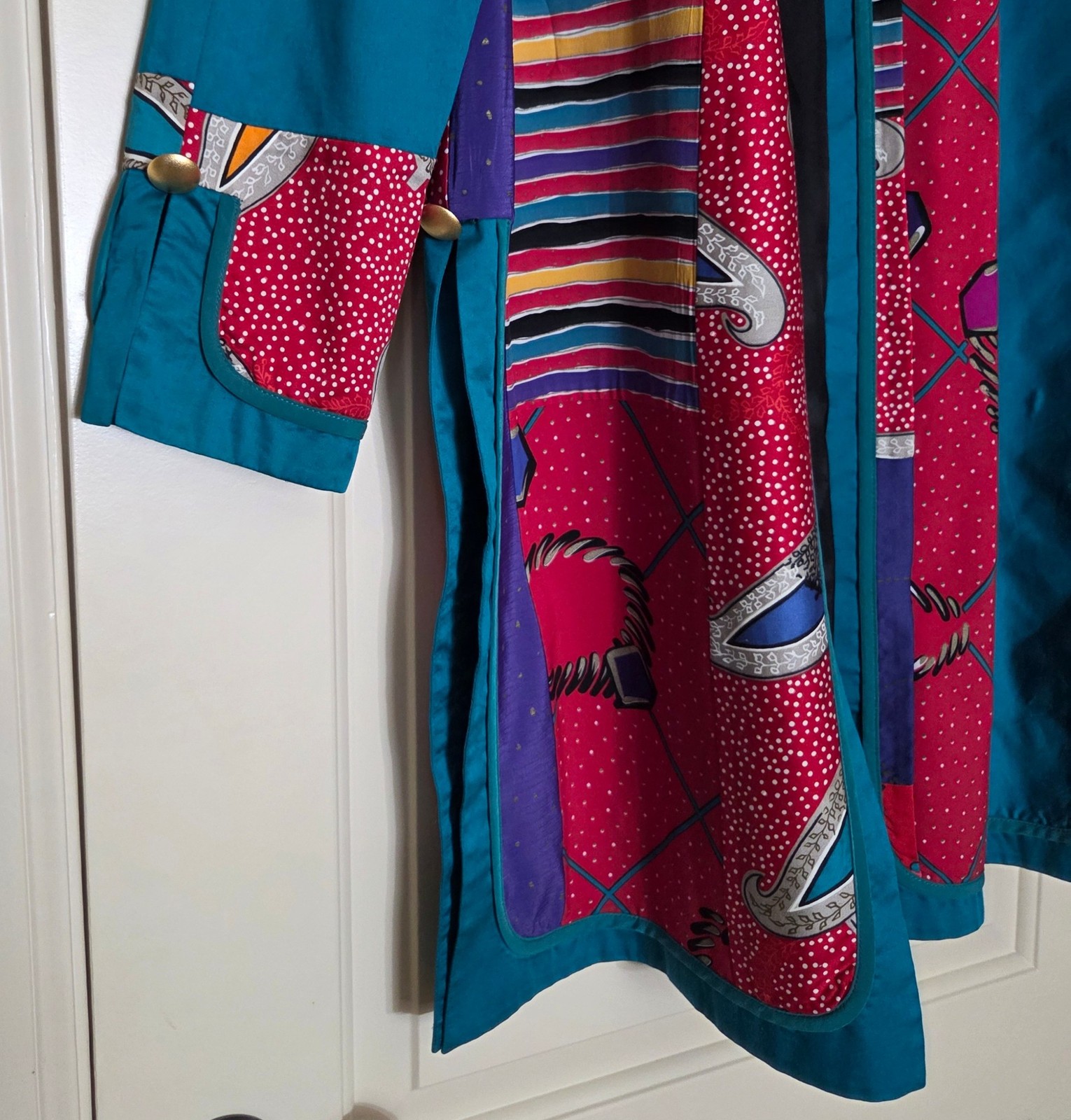 1980s JEANNE MARC Bright Teal Multi Print Patchwork Jacket Duster Coat M 12/14