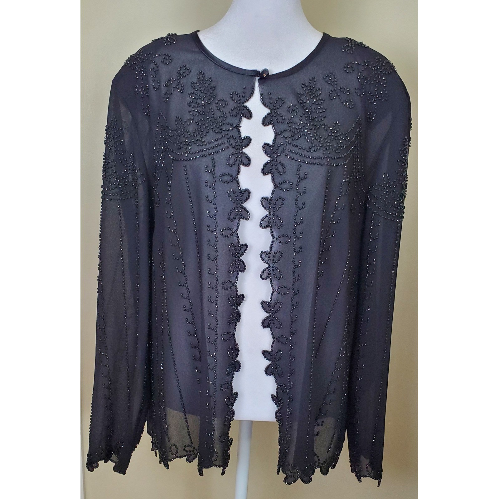 R&M Richards Vintage Black Beaded Open Front Sheer Jacket 18 Elegant Formal