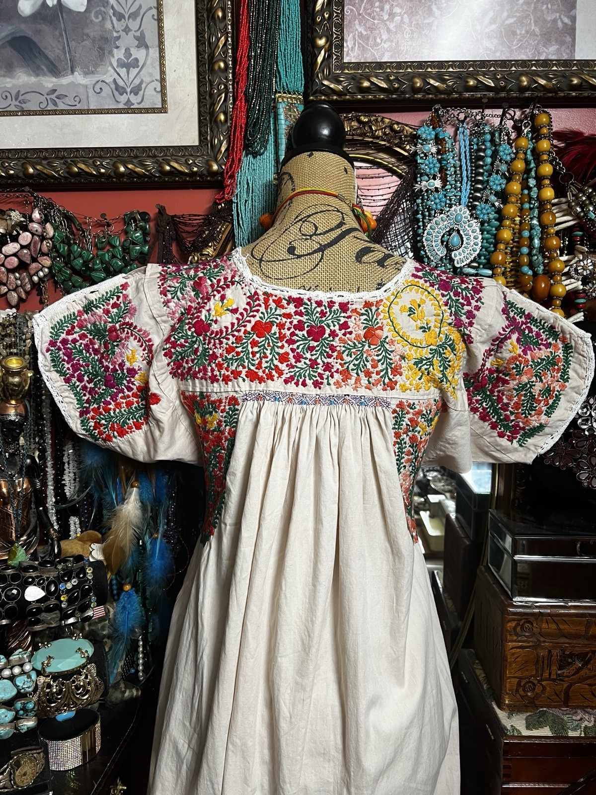 Beautiful Oaxaca Light Beige Dress In Cotton With Multi Color Embroidery M/L