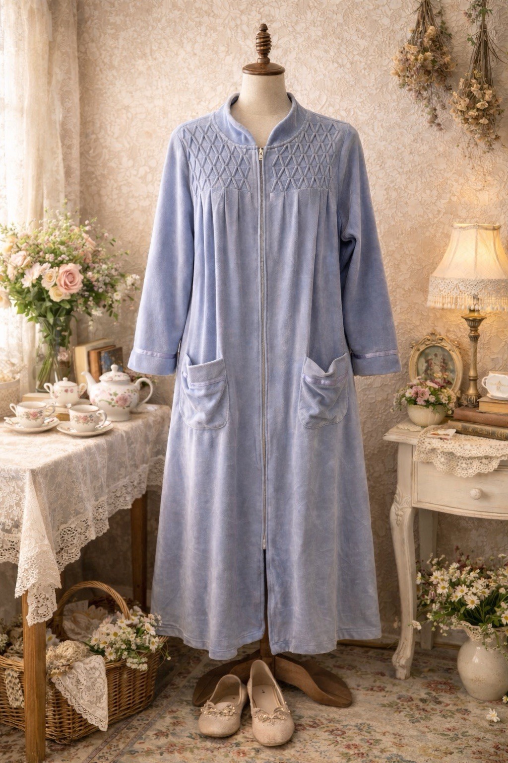 Cozy Vintage TOG Shop Velour Housecoat Lavender Warm Comfort Robe Zip Pockets M