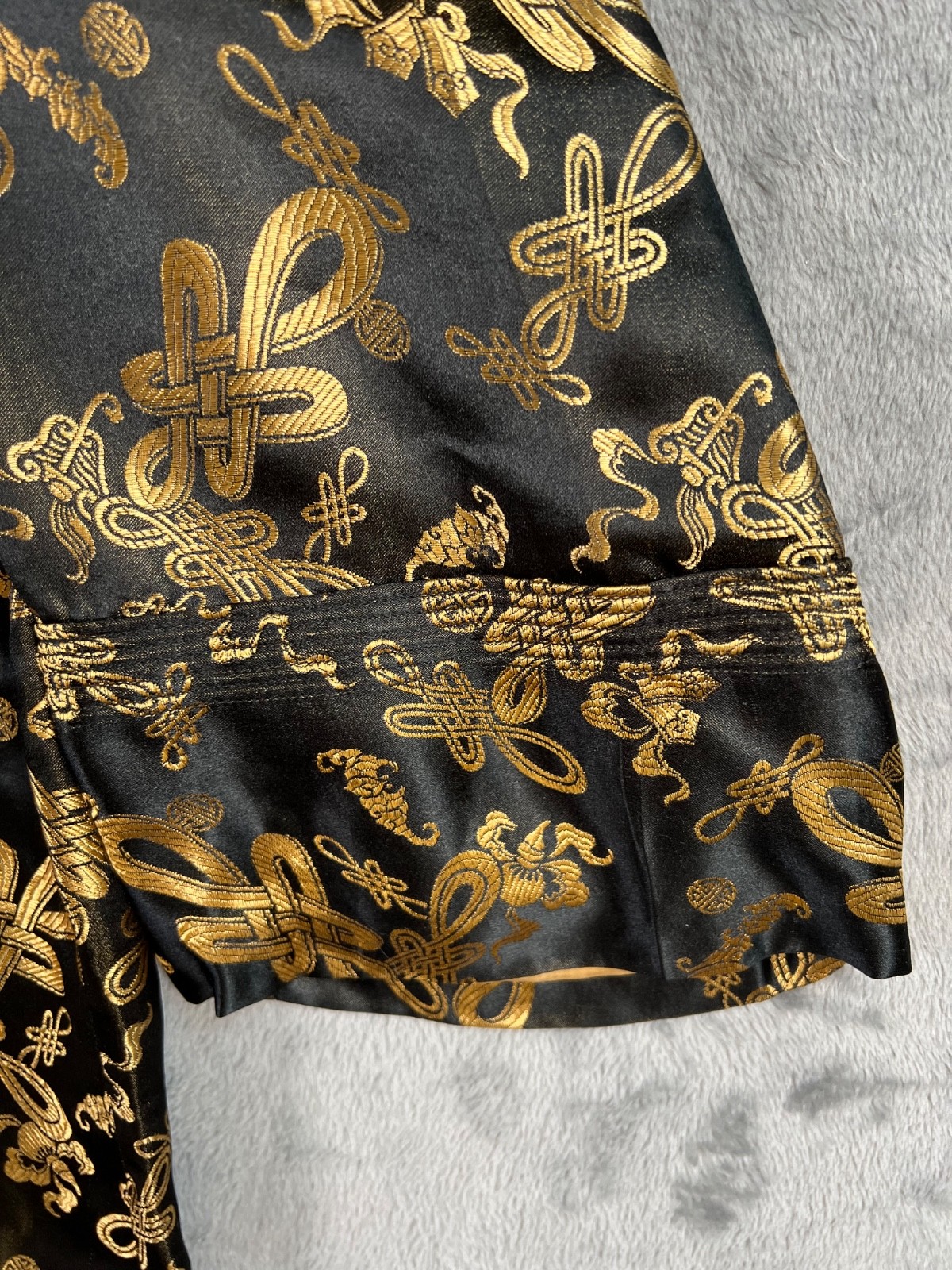 Dynasty Hong Kong Silk Jacket 16 20×28 Black Gold Mandarin Frog Closure Vtg 60s*