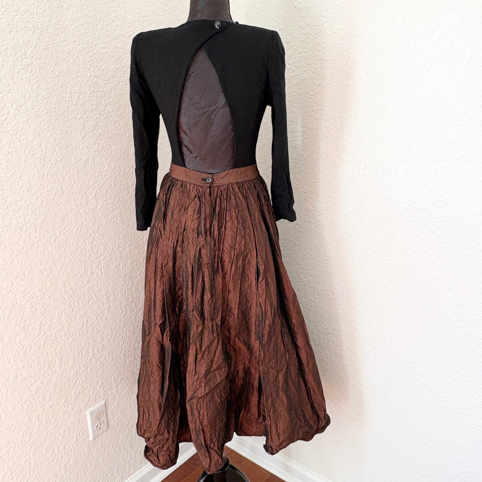 Vintage Ricki Lang for Nuit Dress 12 Black Bronze Open Back Metallic ILGWU 80s