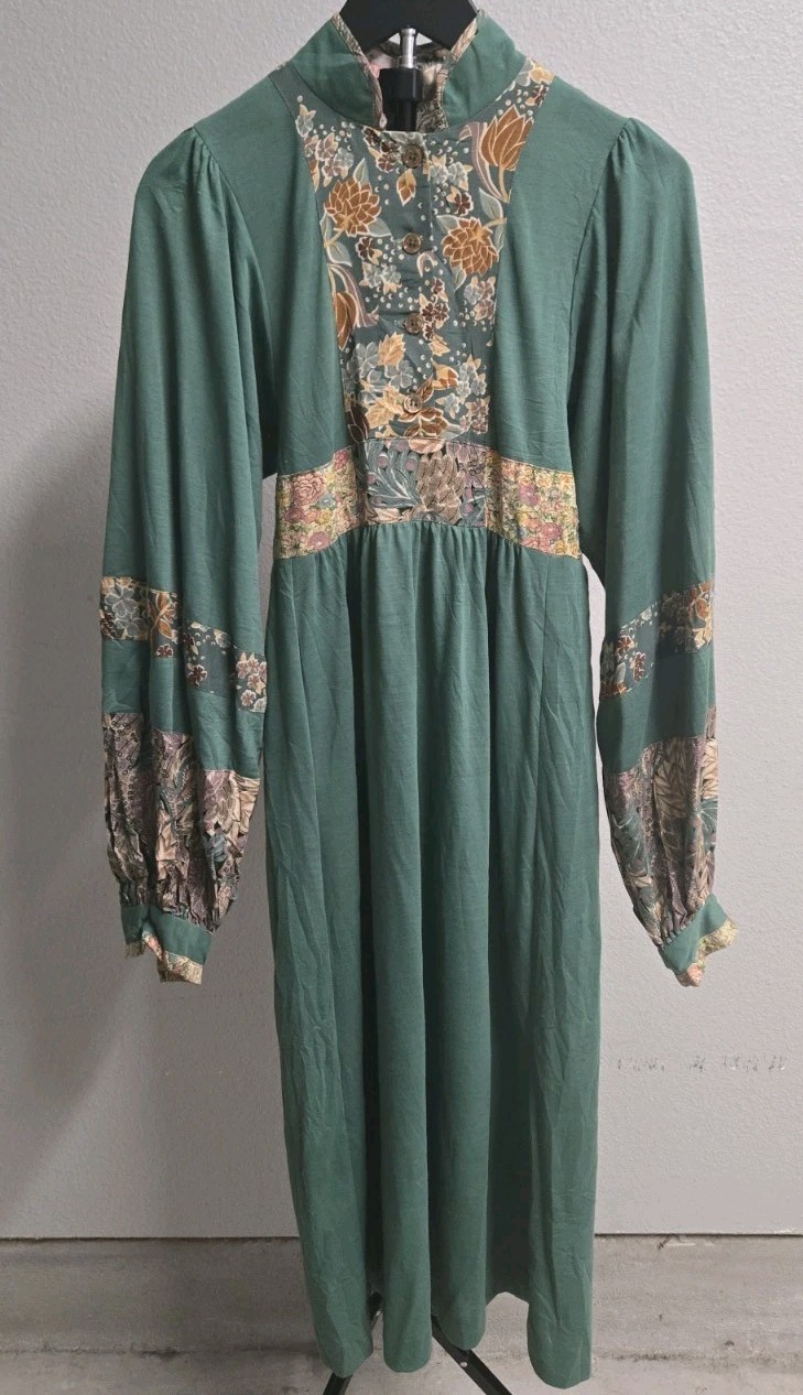 VTG 70s Mindy Malone Patchwork Prairie Maxi Dress Boho Cottagecore Bishop Sleeve