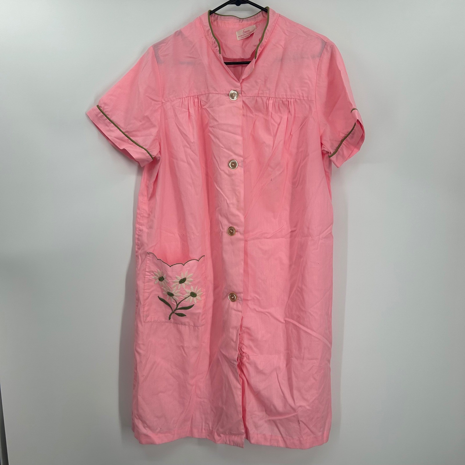 Vintage Sears Pink House Dress Duster 16 Short Sleeve Floral Embroidery Buttons