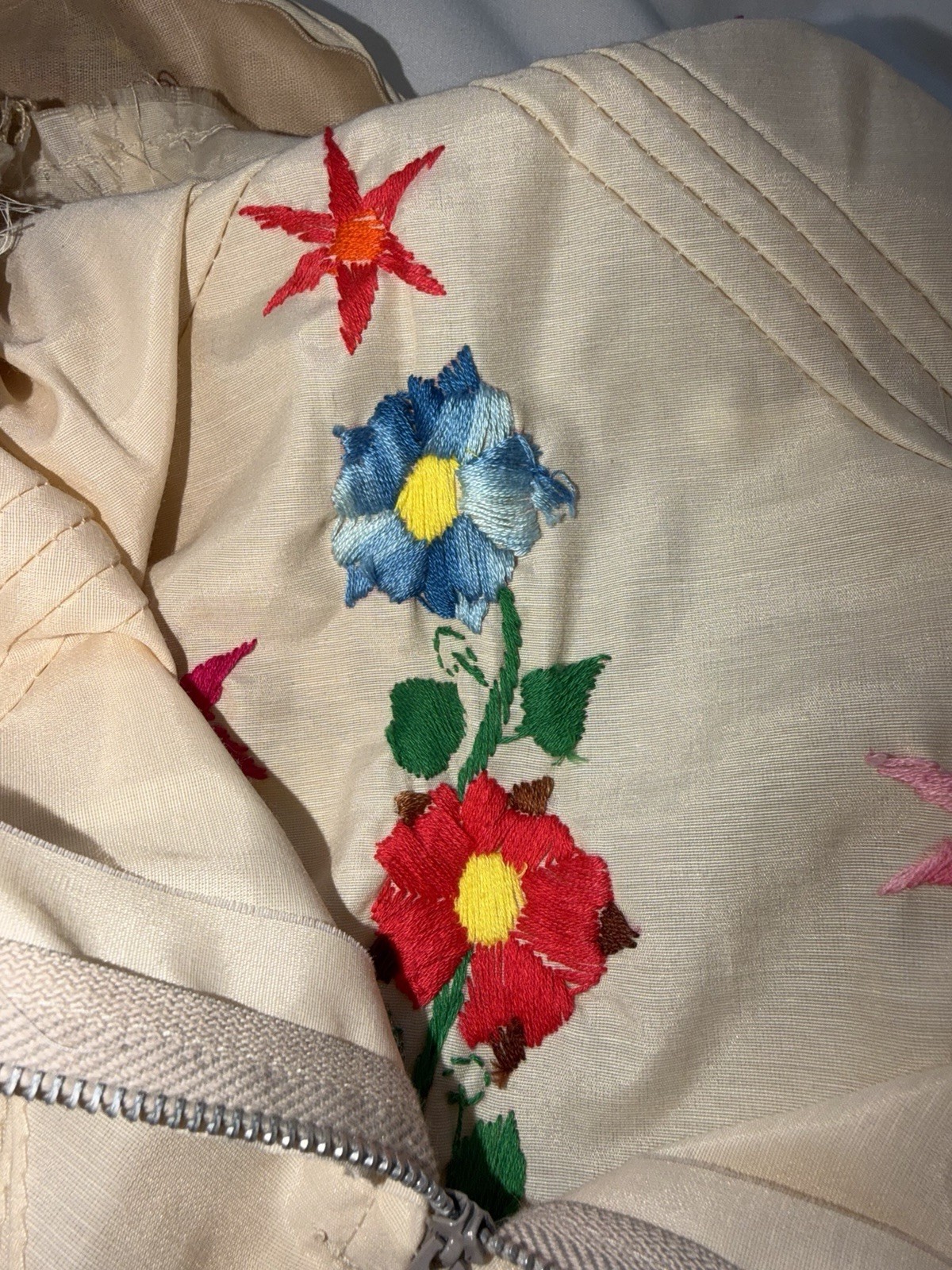 Vintage 1970s Mexican Embroidered Festival Cream Prairie Crochet DRESS