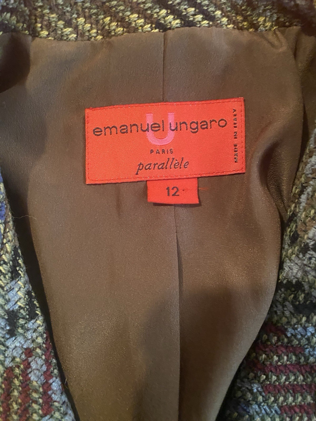 Vintage Emanuel Ungaro Paris Paralleled tweed plaid blazer jacket Sz 12 M Y2k