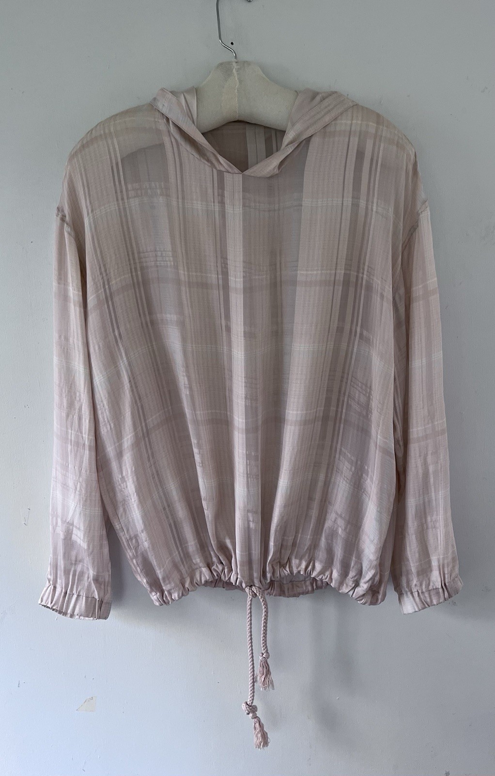 Stella McCartney Palest Pink Blue Plaid Silk Semi Sheer Drawstring Hoodie Sz 46