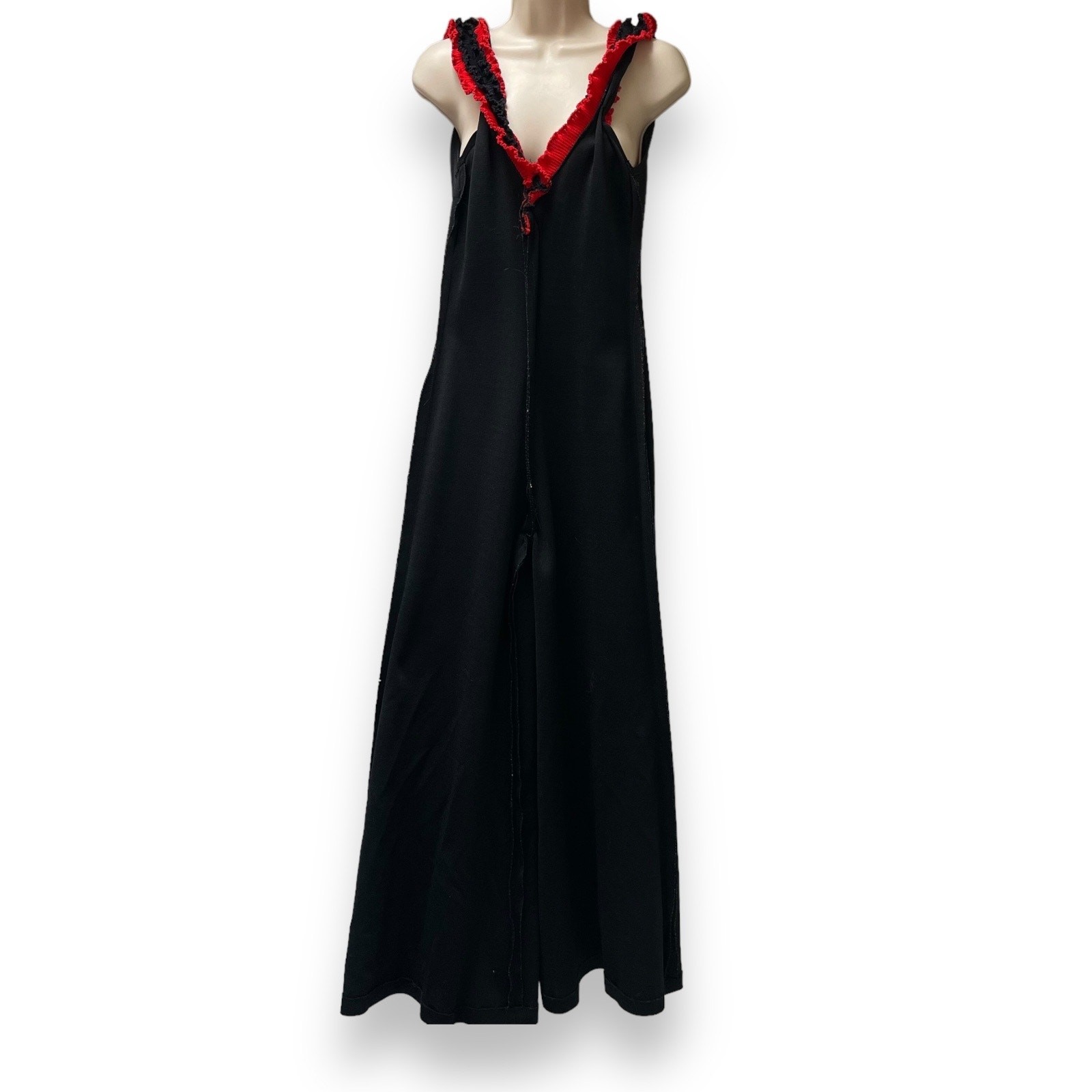 Vintage 70s Black & Red Ruffle Backless Knit Bellbottom Jumpsuit Studio 54 Disco