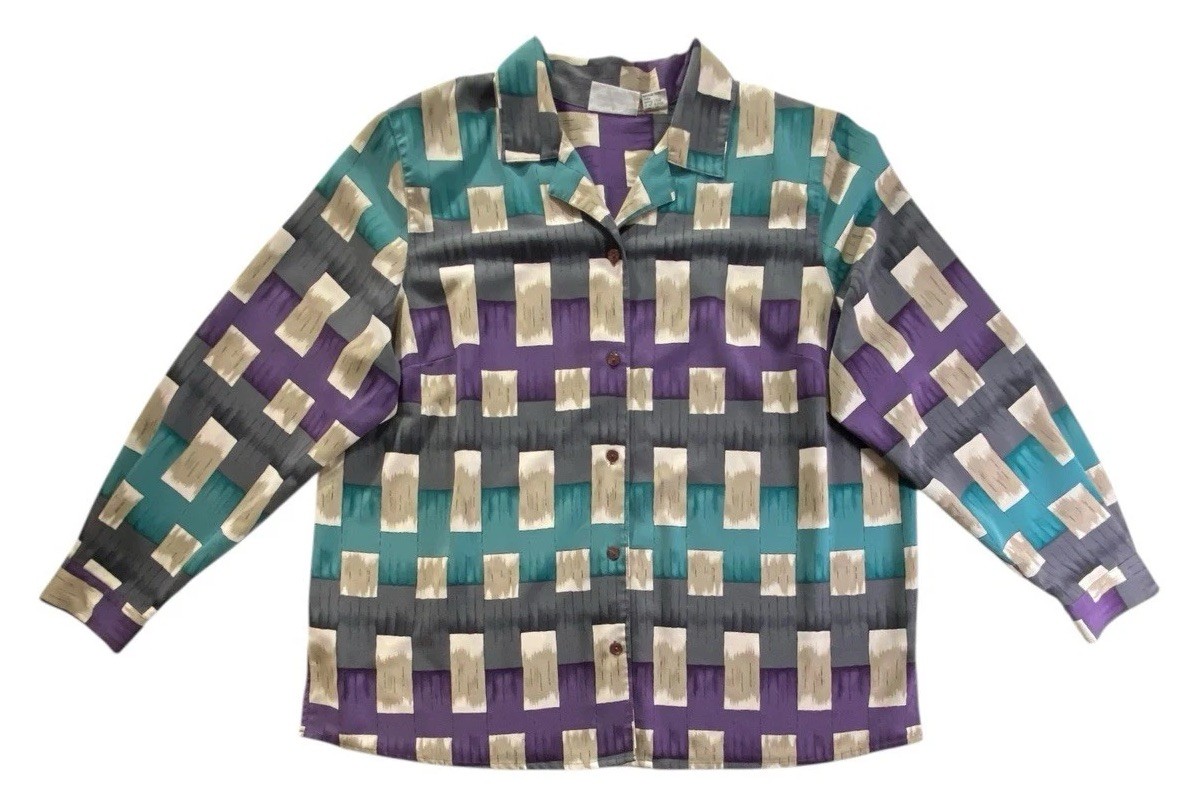 Alfred Dunner Women 18W Geometric Button Up Blouse Purple Teal Beige