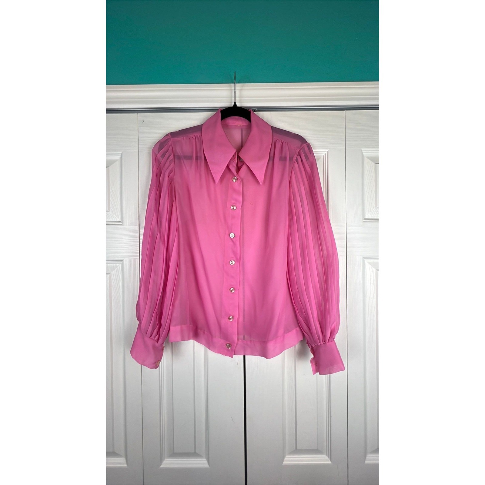 Vintage Dagger Collar Balloon Sleeve Blouse Retro Barbiecore Pink Chiffon S/M