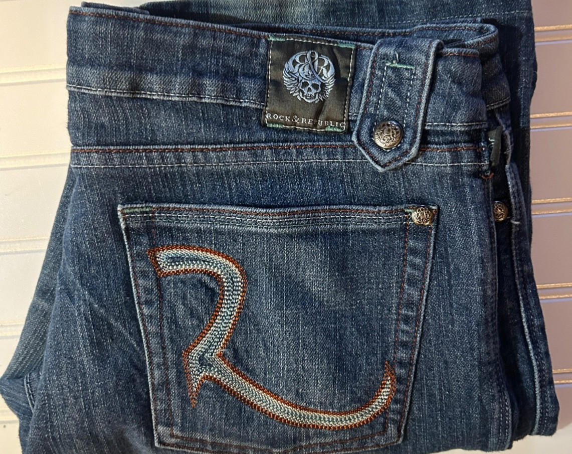 VINTAGE ROCK & Republic « Isaac » BOOT CUT JEANS Skull Orange blue s 31
