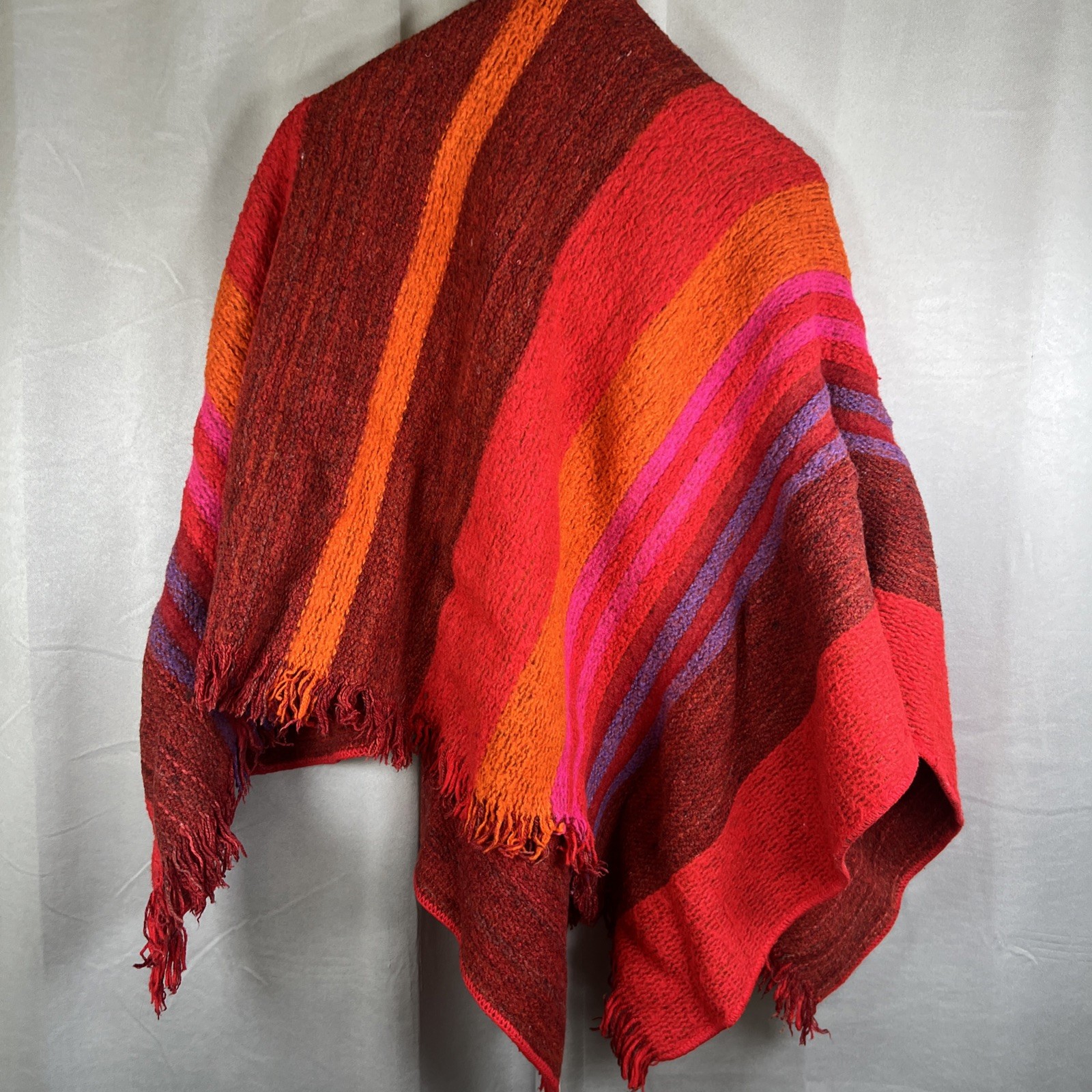 Vintage Roxa Ltd Mixed Wool Poncho Cape Colombian Red Orange Purple