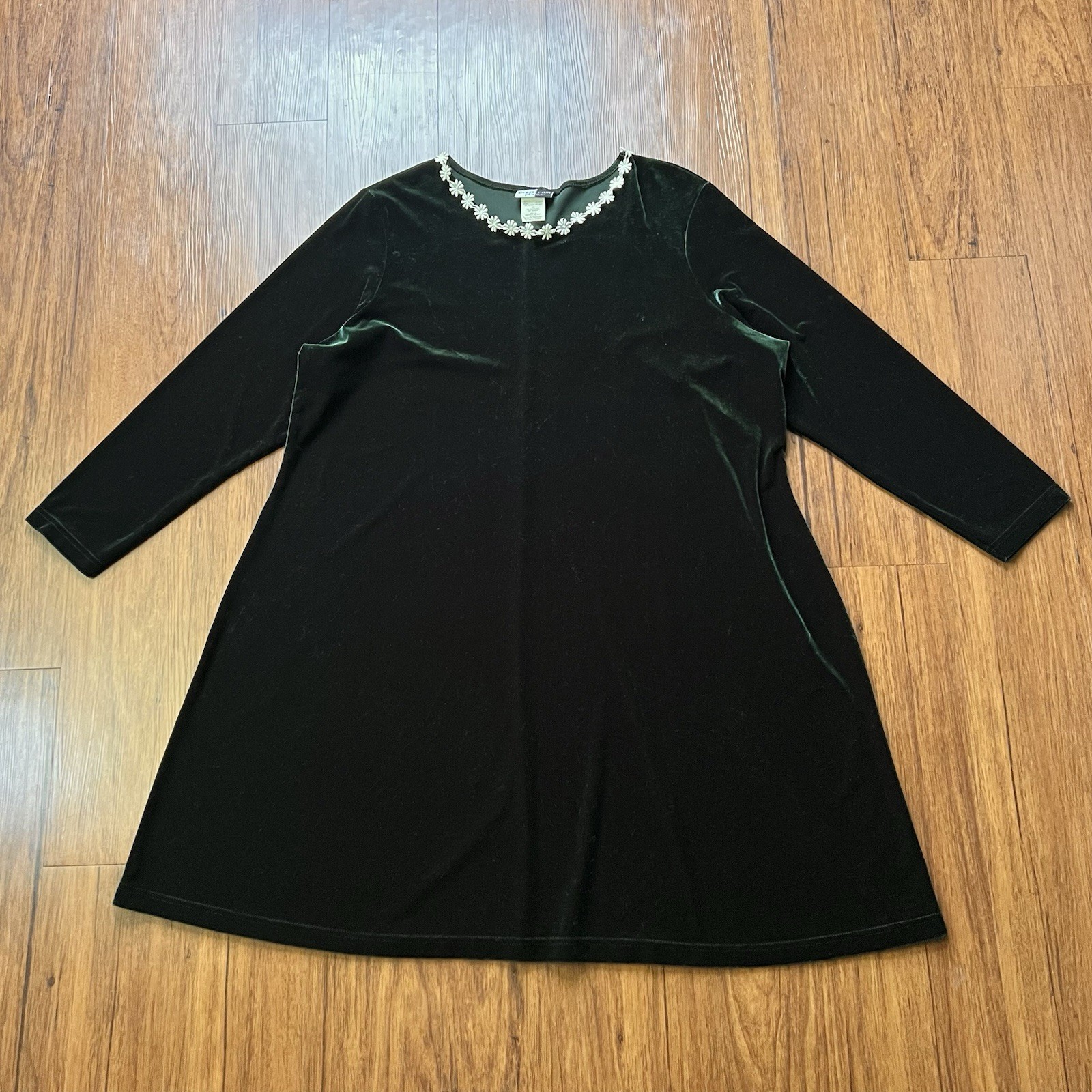 Vintage 90s Velvet Dress Green Long Sleeve Floral Neckline Fairy Grunge Sz 22