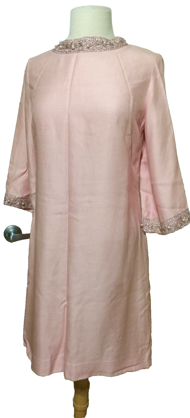 Women&rsquo;s 60s Retro dress cocktail pink beaded embroidered rayon blend Carol Brent