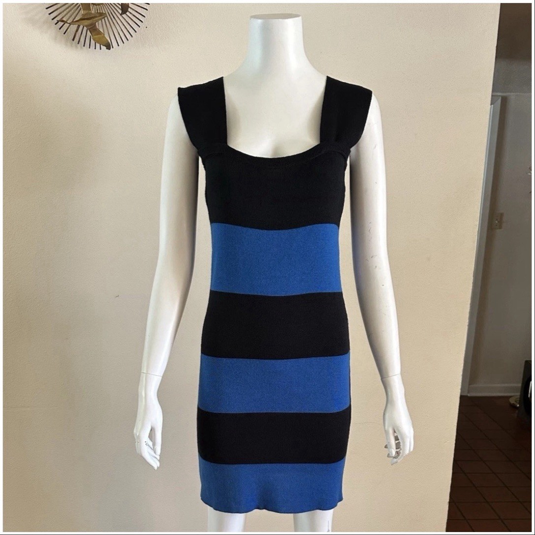1970s Kenzo Paris Graphic Stripe Knit Dress Blue Black Mod Made In Italy VTG S