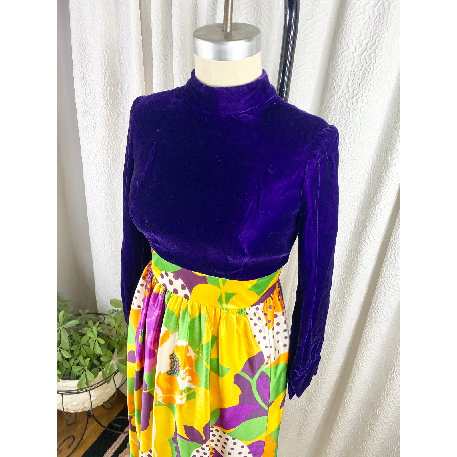 Vintage 1960s Floral Velvet Maxi Dress, Mod Style, Size S