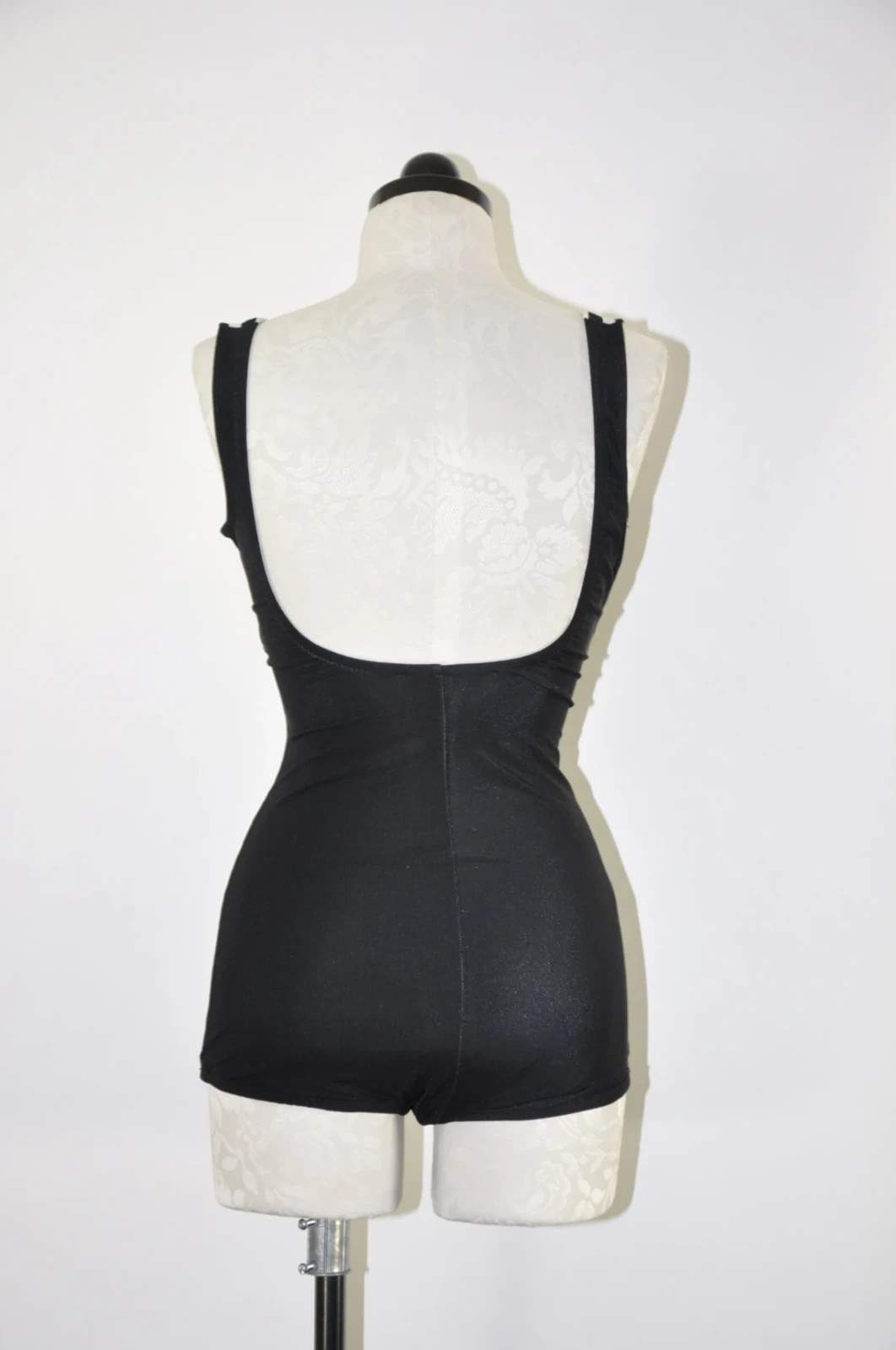60s Black White Yellow Graphic Leaf Print Backless One Piece Swimsuit Women L