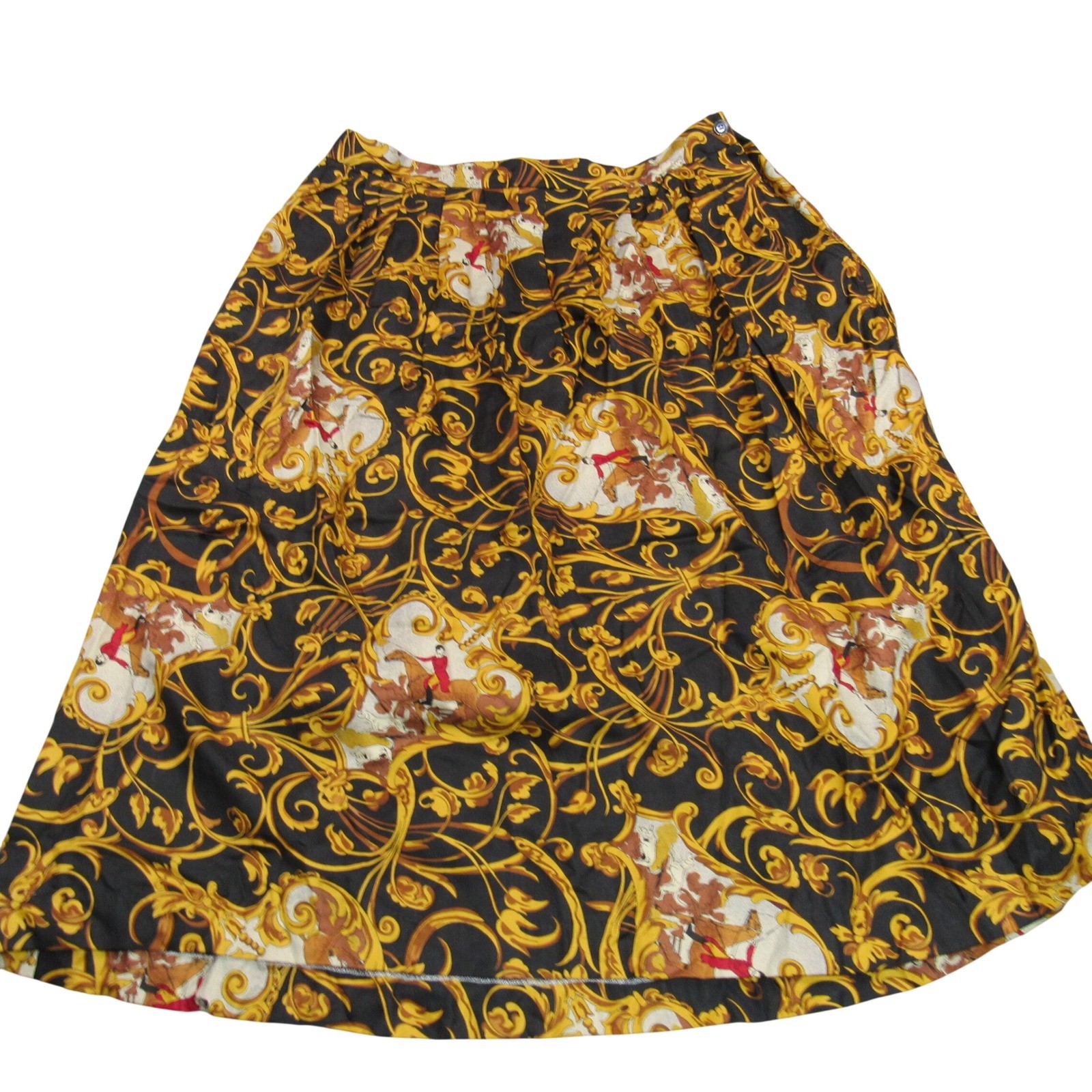 Vintage Skyr Equestrian Fox Hunt Midi Skirt Black Gold Ornate Print Size 12 USA