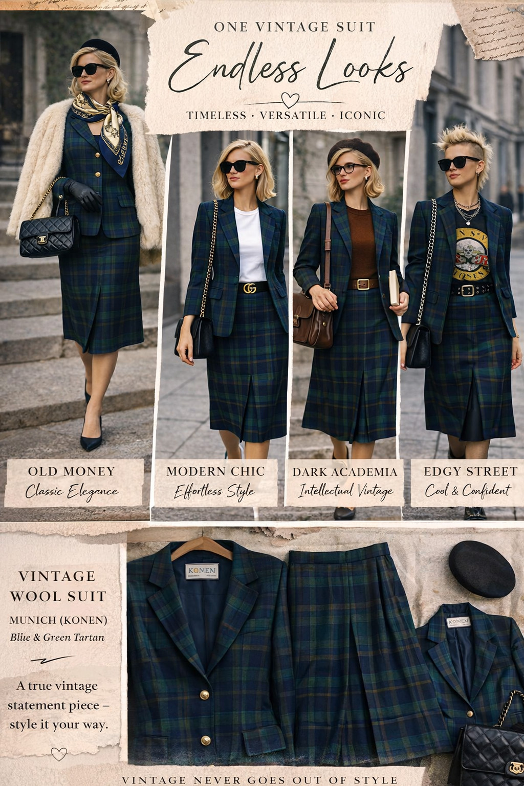 Vintage Costume 60s 70s Virgin Wool Plaid Blazer Skirt Konen Munich 42 44