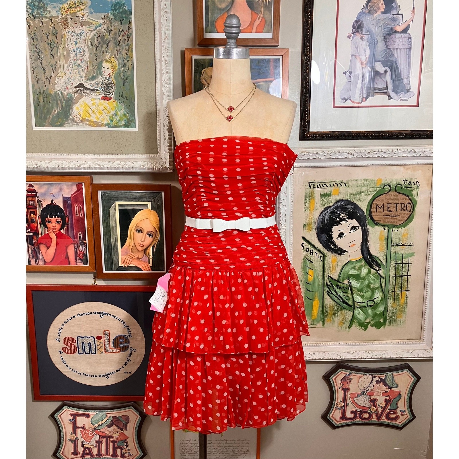 Vintage 1980s Frank Usher England Red Polka Dot Strapless Dress Ruffle Prom Gown