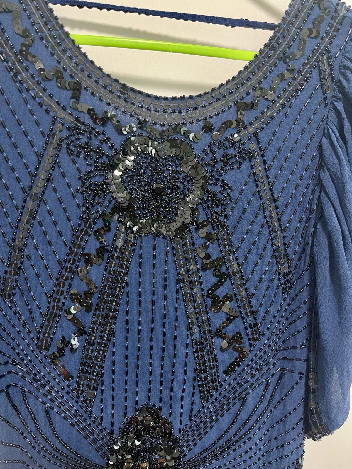 Vintage 1920s Style Silk Flapper Dress Beaded Sequin Gatsby Party Blue XS UK 8