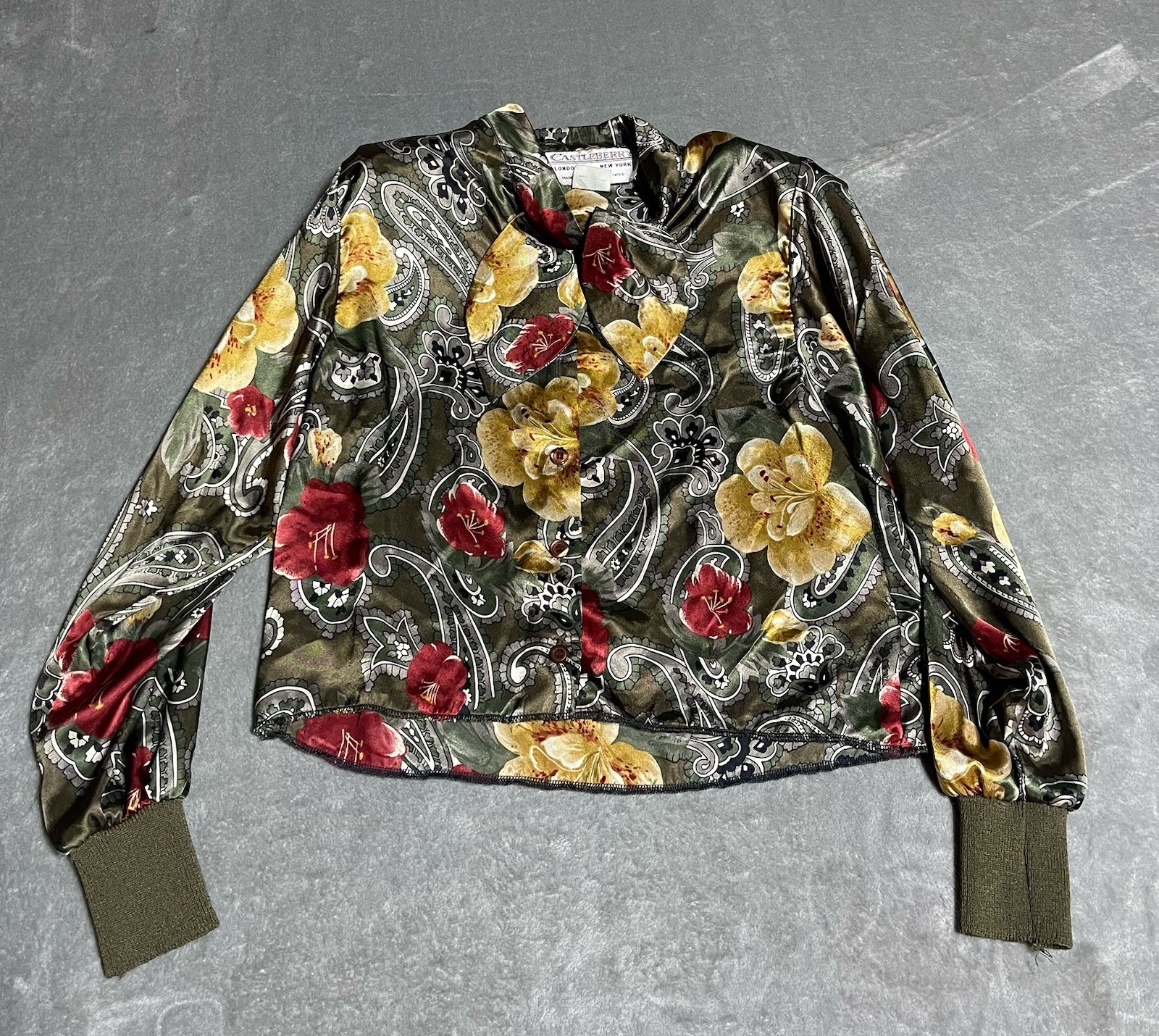 Vintage Castleberry Top Womens 6 Floral Paidley Satin Secretary Union Made USA