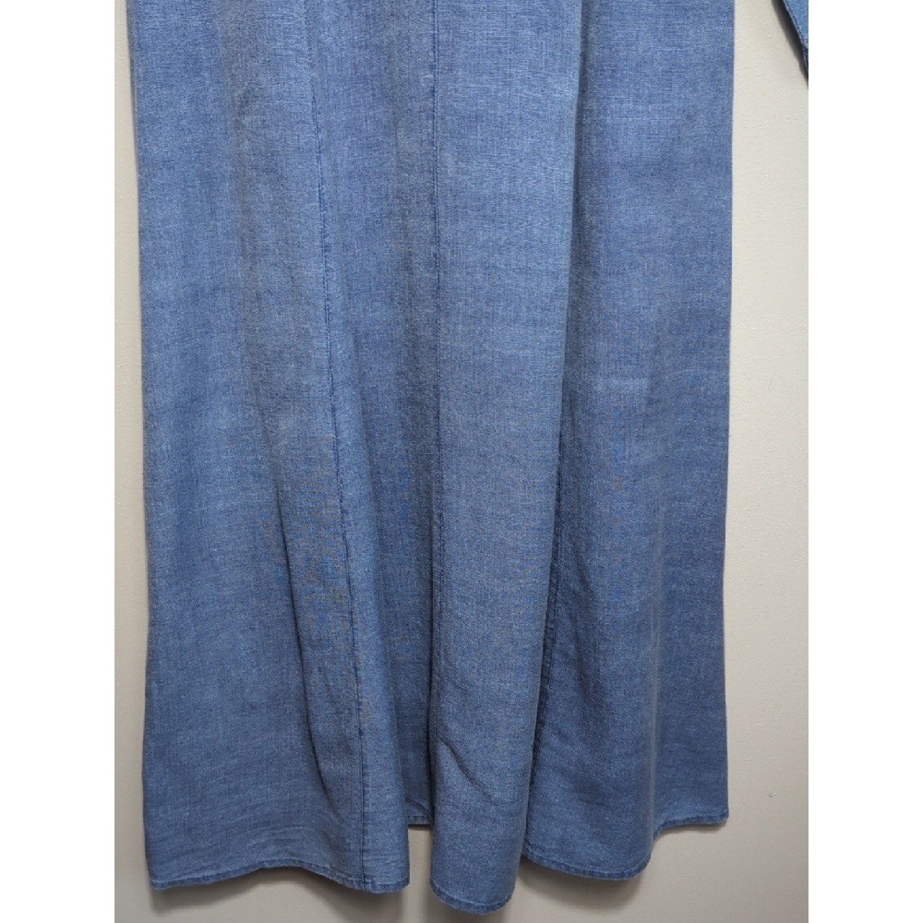 Vtg 90s April Cornell Chambray Blue Button Front Midi Dress Cottage Modest Boho