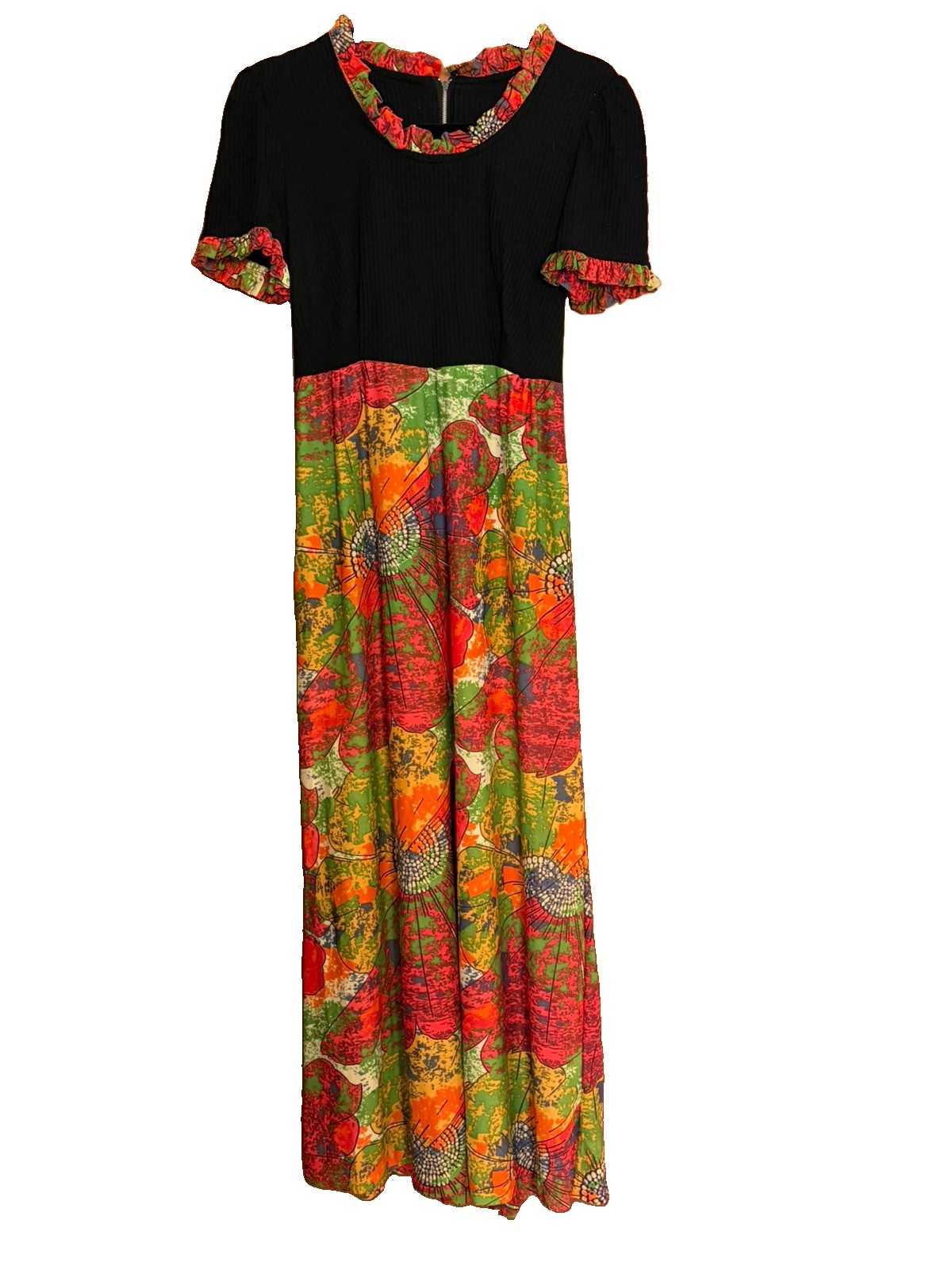 Vtg 1970s Mod Geometric floral Psychedelic Maxi Dress sz 10