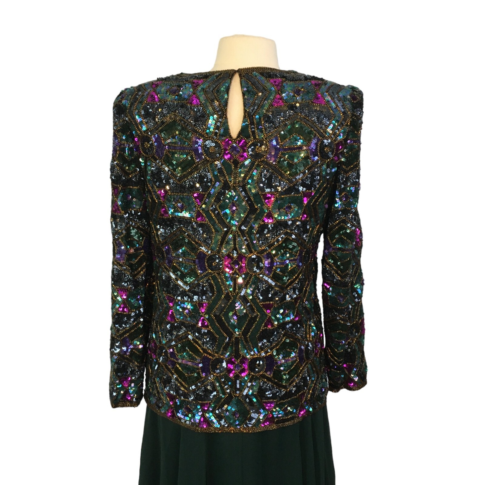 Joan Leslie Studio Vintage Silk Sequin Top and Green Skirt, Evening Gown Dress M