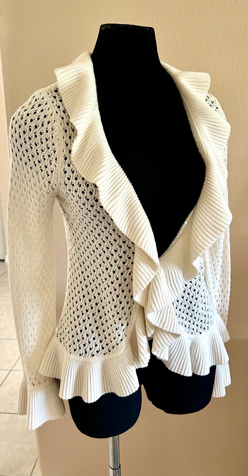 Vintage Faded Glory Cream Open Knit Ruffles Boho Women&rsquo;s Cardigan S/4/6