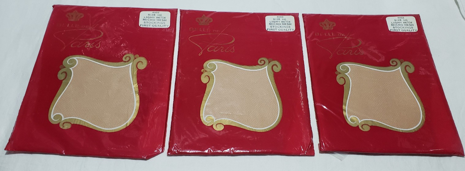 3 Pair Vintage 1960s Belle De Paris Stockings Size 10-1/2 Lt. Beige Shade NOS
