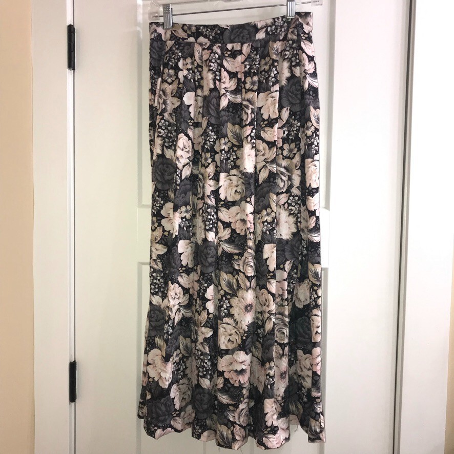 Vintage 80s Grey and Pink Floral Maxi Skirt Breckenridge Size 26 Waist