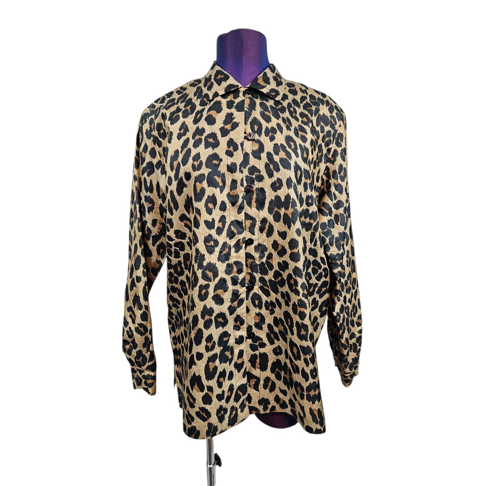 Stunt 100% Silk Leopard Print Button Down Blouse Animal Print Medium H22