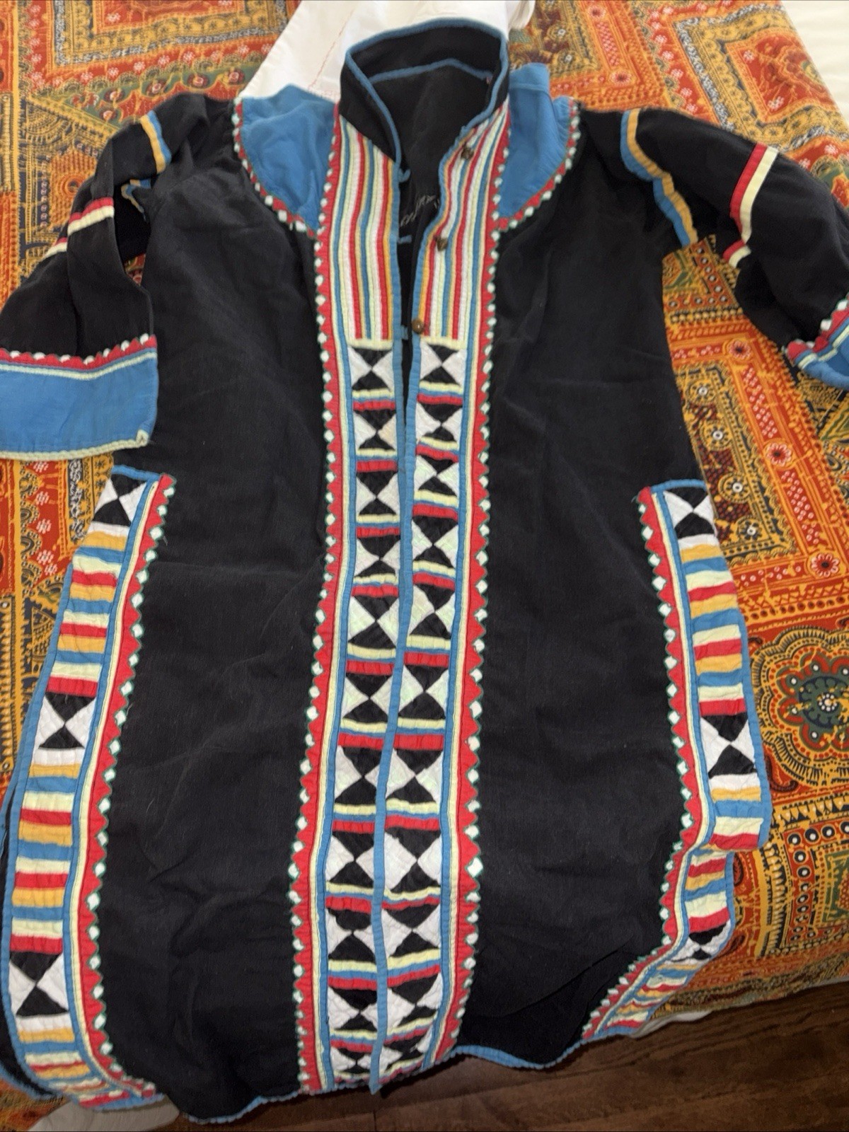 Vtg Thai Hill Tribe Jacket Geometric Patchwork Duster Coat Folk Art Kaftan Boho