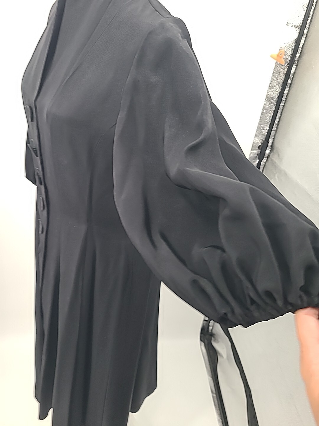 Rare VTG 1930s 40s Button Down Dress, Black With Bubble Sleeves & Full Skirt, LG