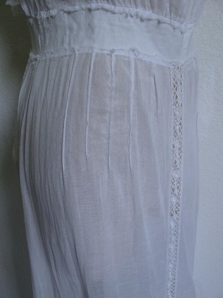 Antique Victorian Edwardian White Sheer Voile Dress XXXS Lace Trim Pintucks