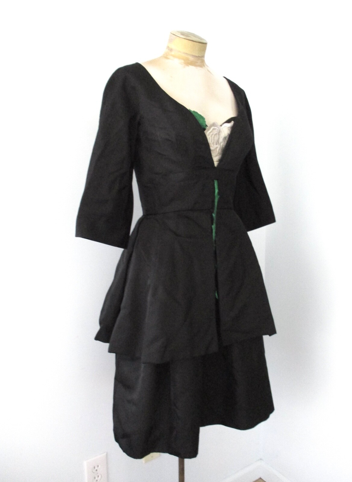 Vtg 40s Edith Small black satin taffeta dress inner bustier layered bustle S