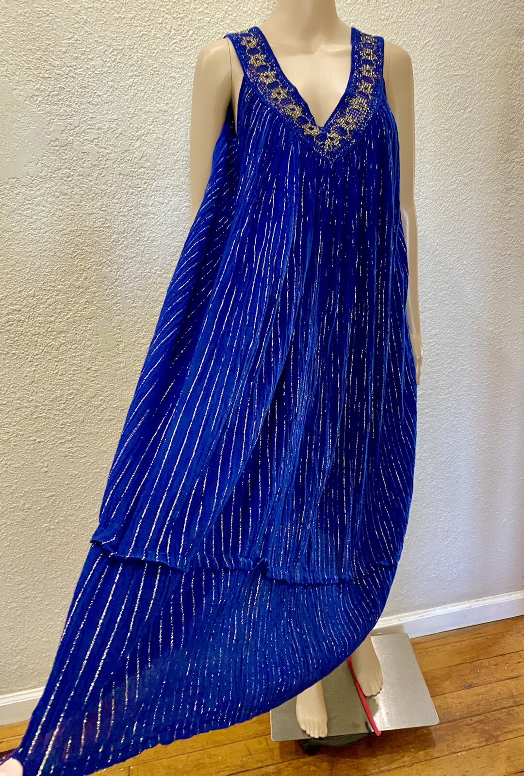 70s Boho Indigo Blue Sheer Cotton Gauze Gold Metallic Crochet Lace Sundress OS