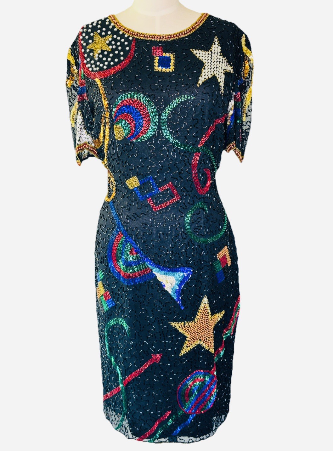 Vintage 80s Silk Heavily Hand Beaded Sequin Celestial Dress by Nadine Boutique