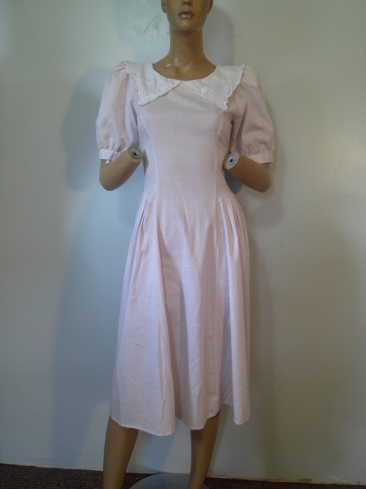 Vtg 80&rsquo;s Garden Party Modest Style Pink Drop Waist Puff Slv Lace Collar Dress 8
