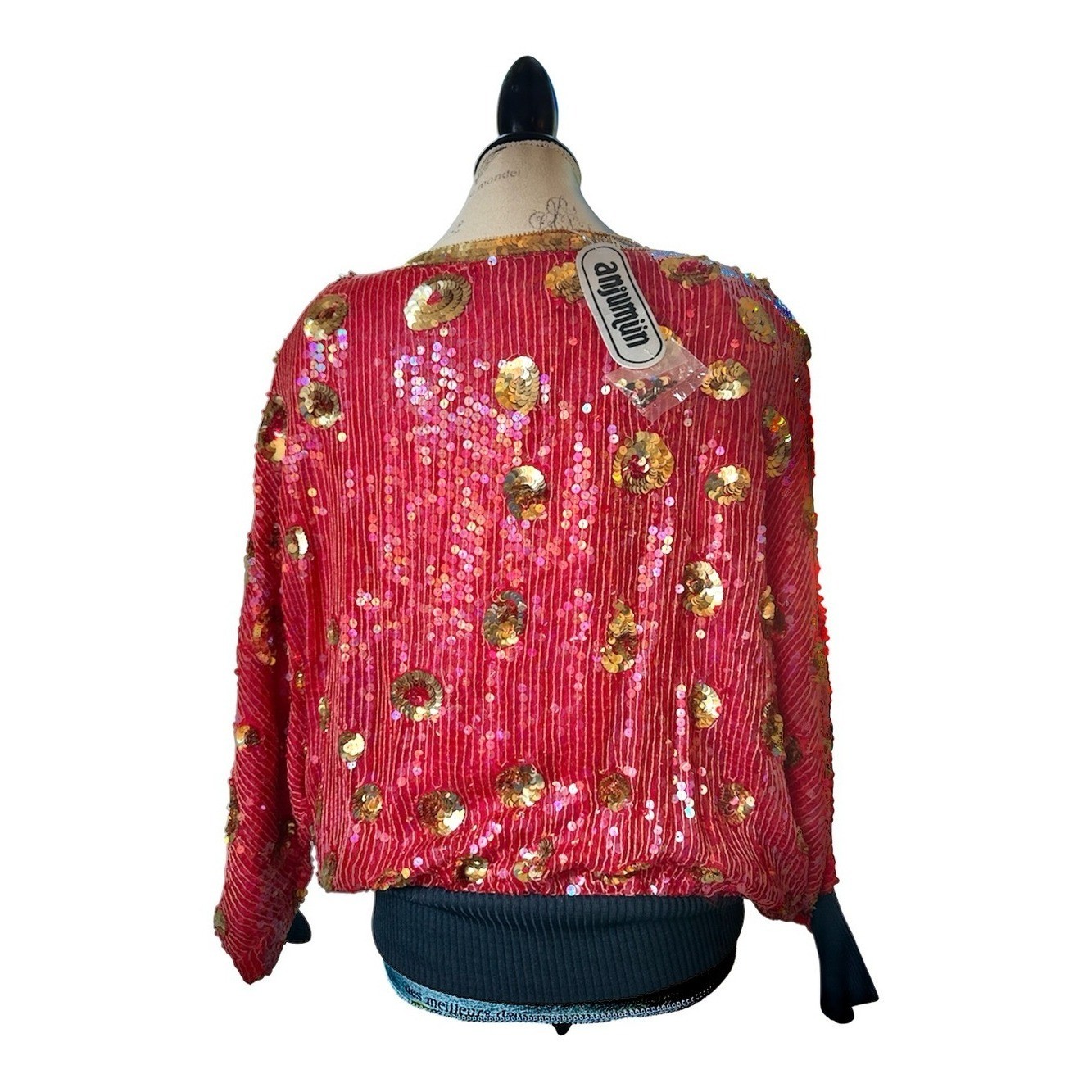 Anjumün 1980&rsquo;s vintage silk leopard sequin beaded embellished red top NWT Med