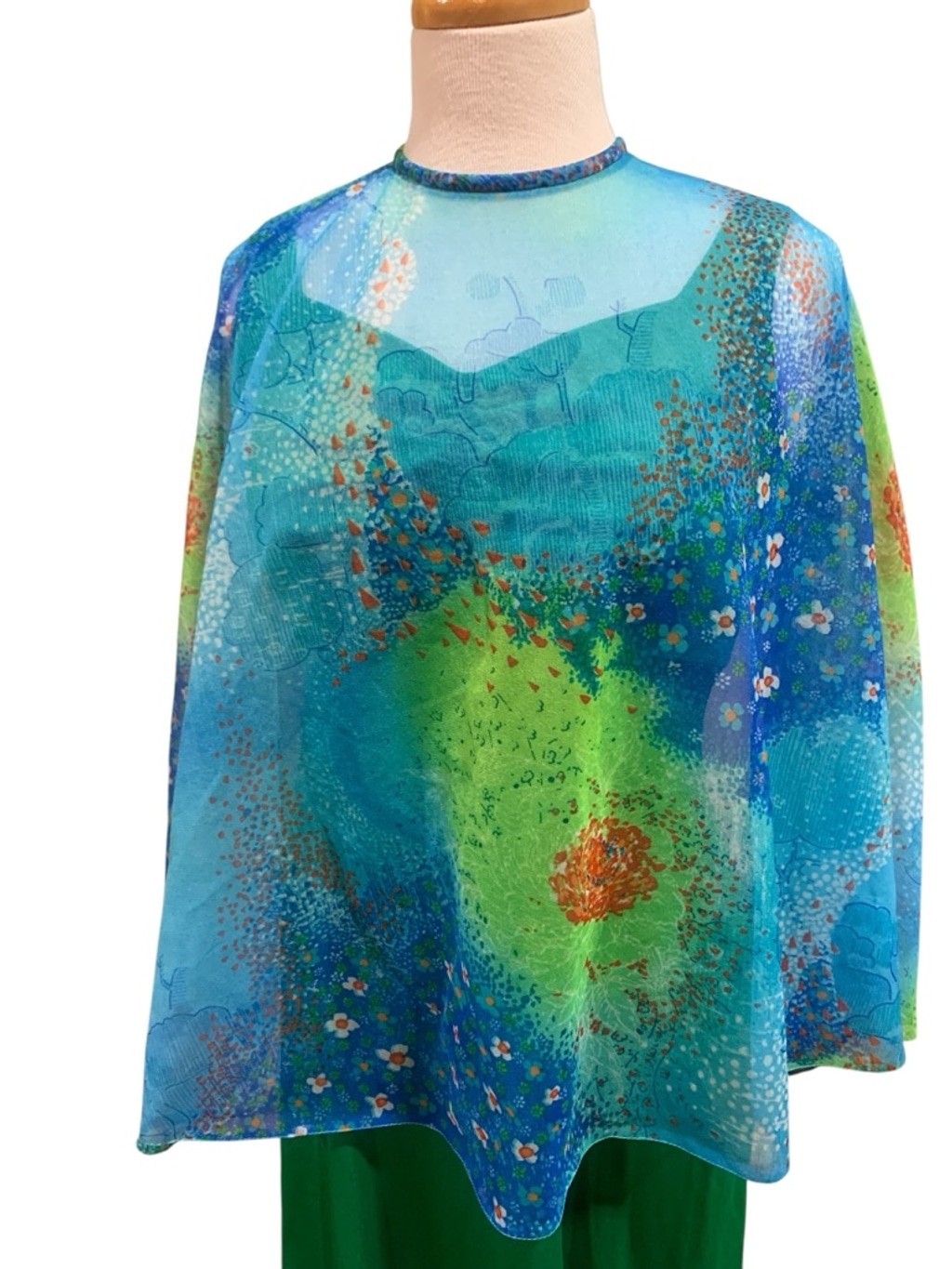 Vntg 60’s Unbranded Green & Blue Maxi floral/nature Cape Dress, Juniors 11