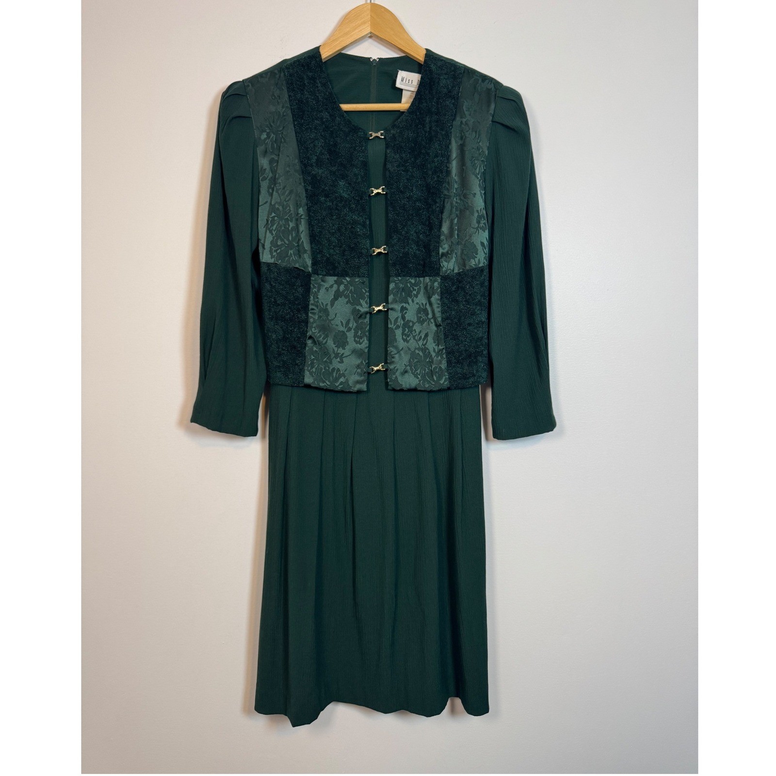 Vintage Edwardian Miss Dorby Mix Media Midi Dress Women 12 Green Floral Jacquard
