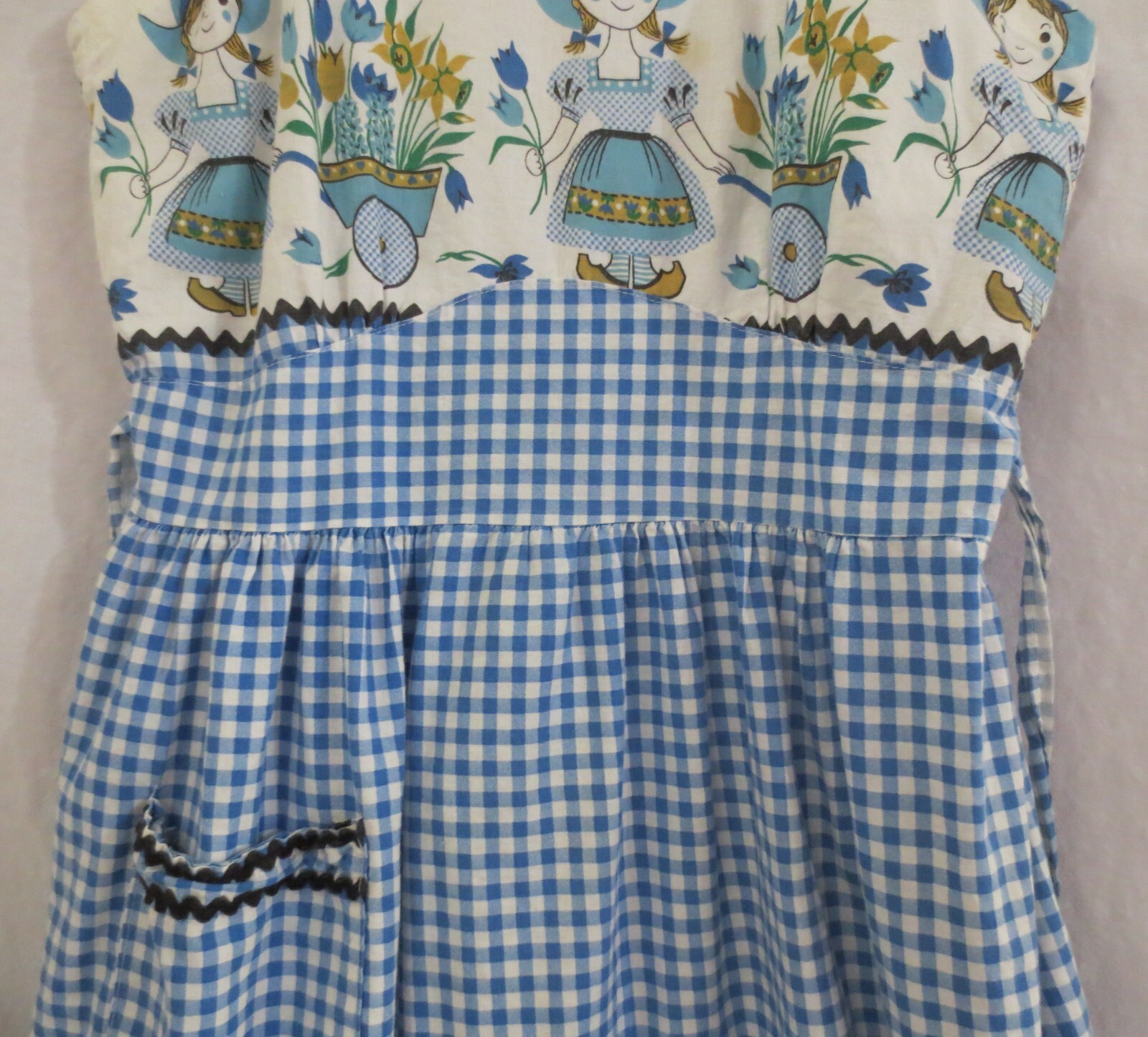 Vtg Handmade Bue & White Gingham Dutch Girl Wood shoes Dress Sz M