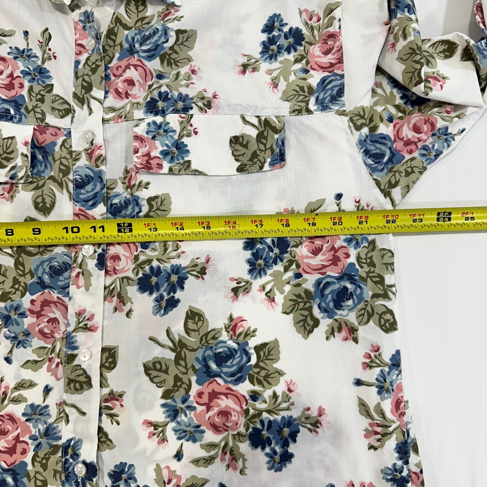 Bonjour Floral Button Down Shirt Womens Large White Pink Blue Cotton Cottagecore