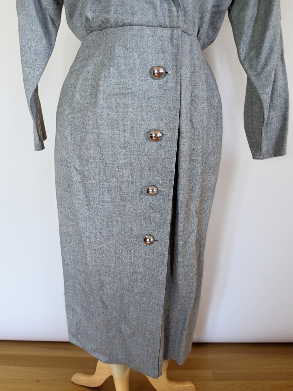 Vintage 80s PSI Couture Gray Marl Coatdress Military Power Dress Midi Epaulets