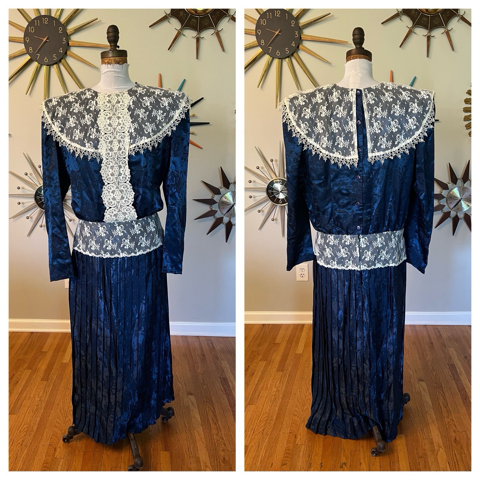 VTG Jessica McClintock Bridal 22 Retro Blue Jacquard Dress Pleated Lace READ