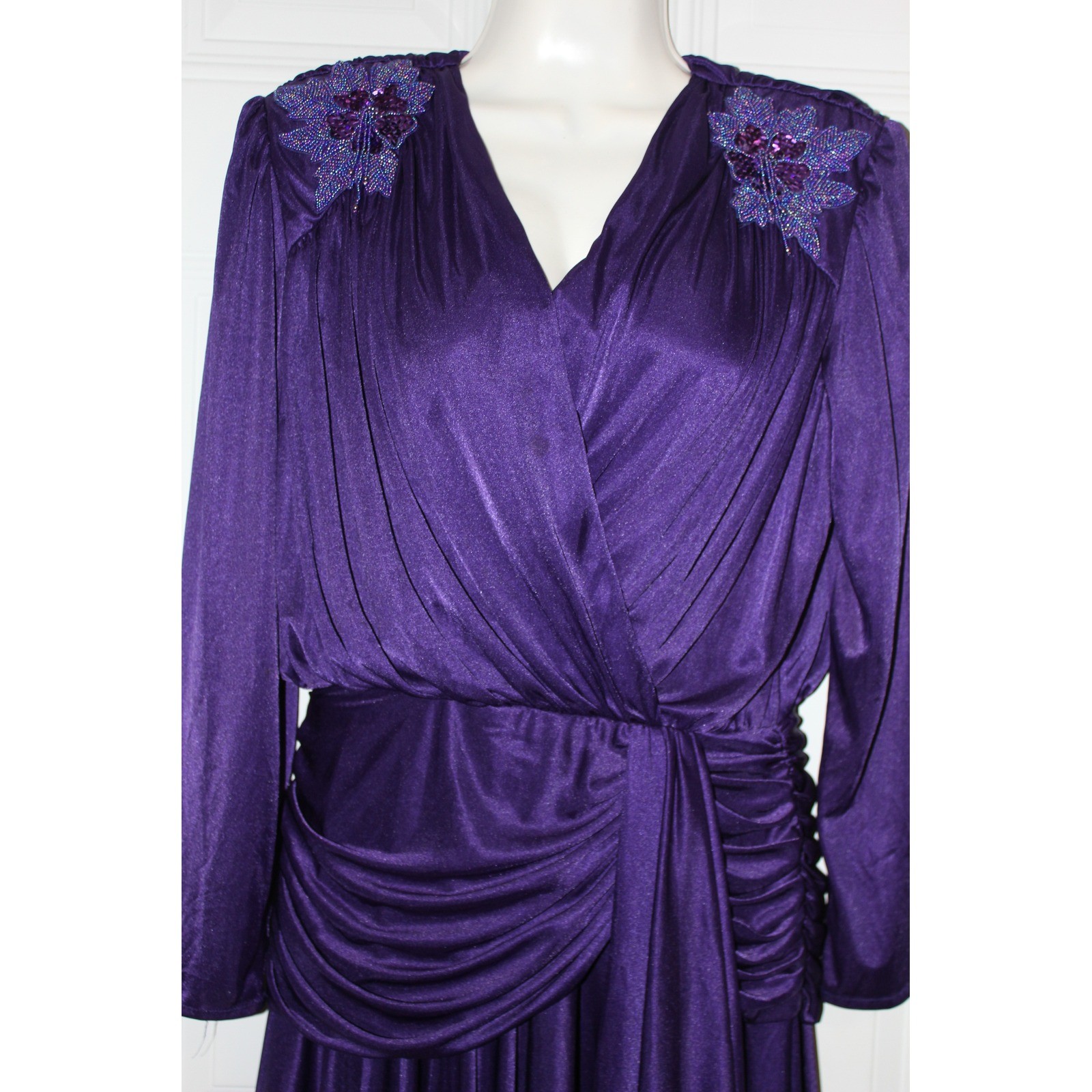 Abby Kent Vintage 80s Purple Beaded Sequin Ruched Dress SZ 14 USA Whimsical Glam