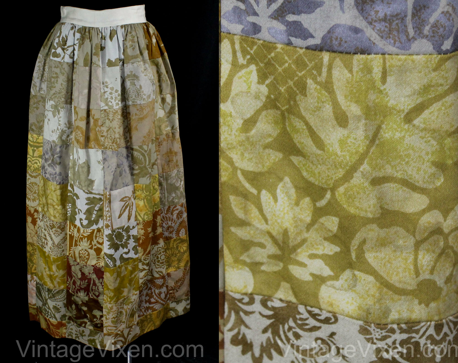 Size 8 Autumn Maxi Skirt – Bohemian Cotton Patchwork – Tawny Brown Sage Copper