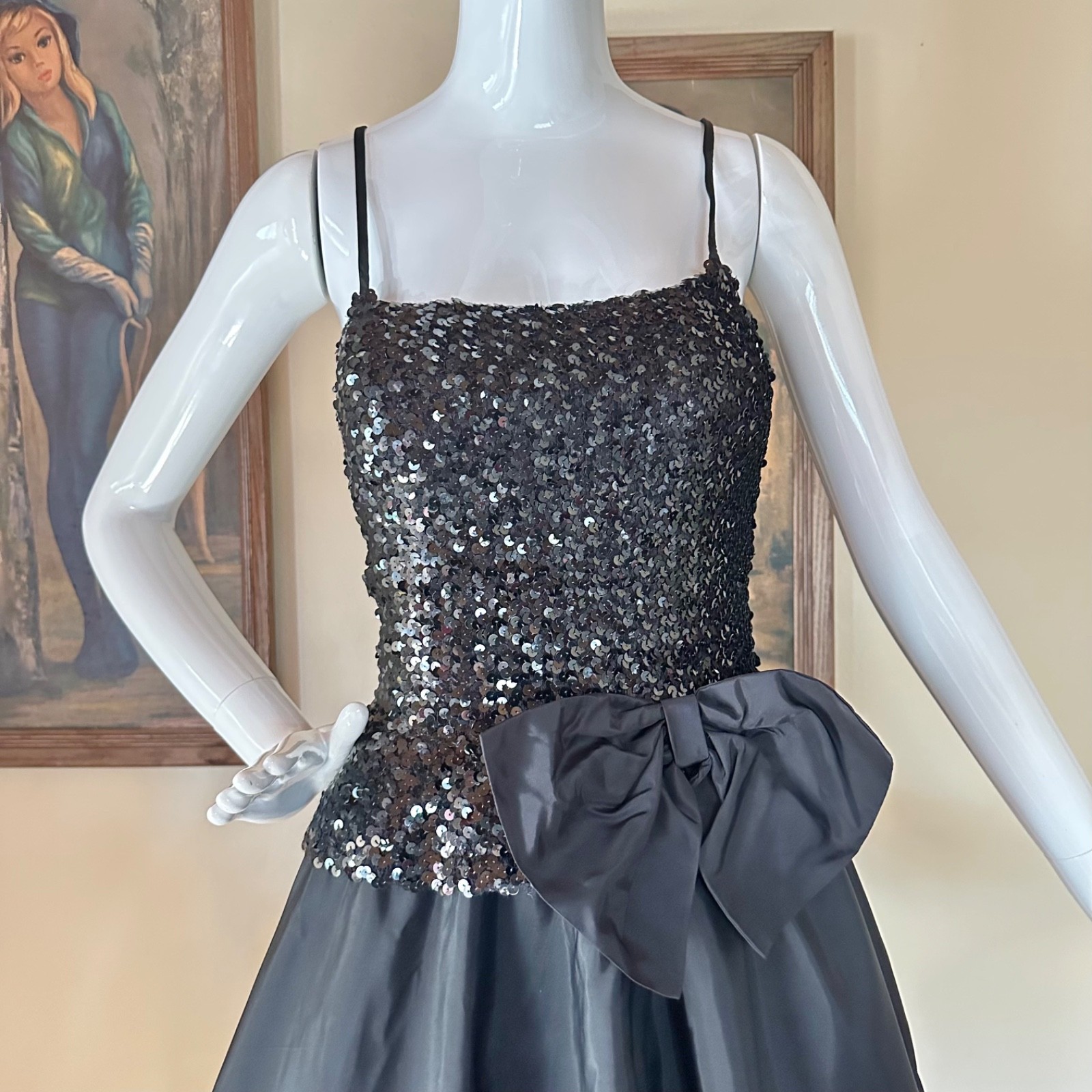 Vintage 1980s Goth Black Sequin Taffeta Party Prom Dress Fit Flare 50s Style M/L